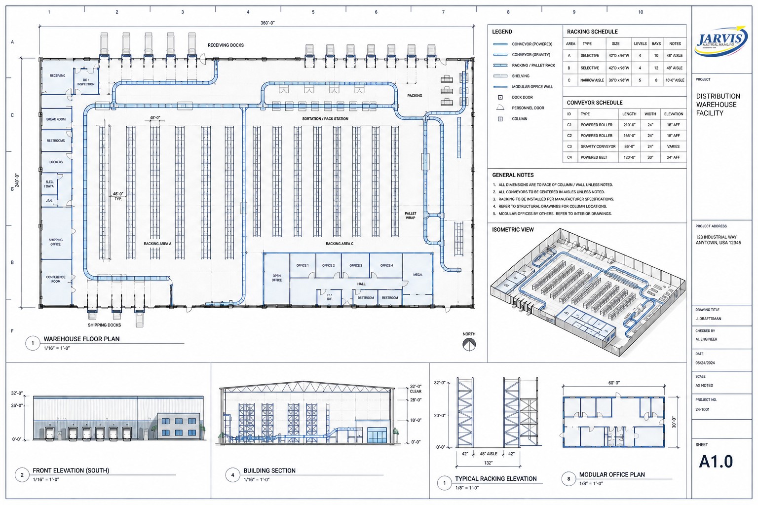 Blueprints showing layouts for racking and shelving, conveyors and modular office by Jarvis Material Handling