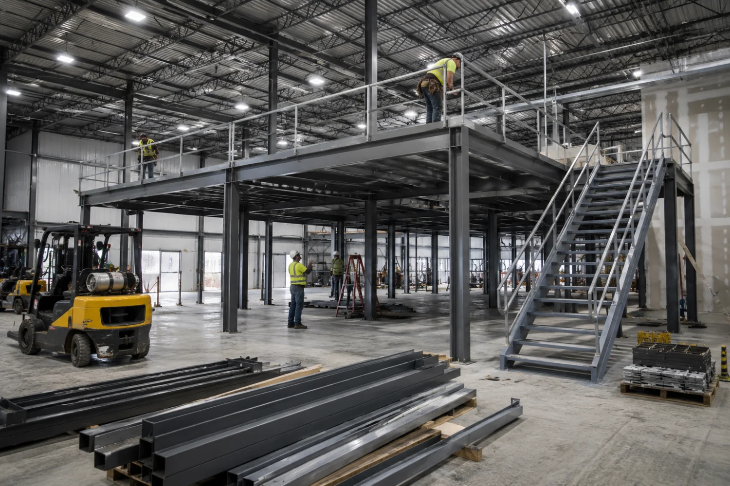Workers installing a modular steel mezzanine platform inside an industrial warehouse